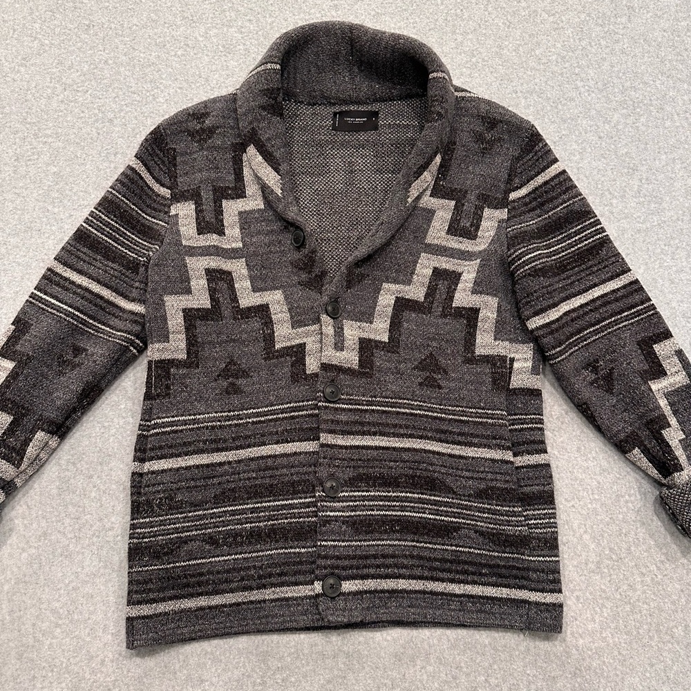Vintage Lucky Brand Gray Patterned Shawl Collar Cardigan